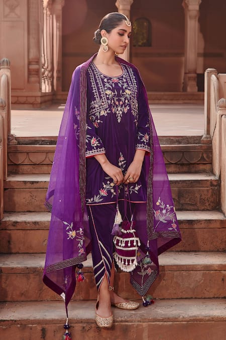 Ajiesh Oberoi_Purple Organza, Velvet Diamonds, Embroidery Round Neck Dori Short Kurta Set _at_Aza_Fashions