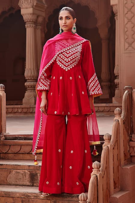 Shop_Ajiesh Oberoi_Pink Velvet, Organza Embroidery Round Neck Kalidar Kurta Gharara Set _Online_at_Aza_Fashions