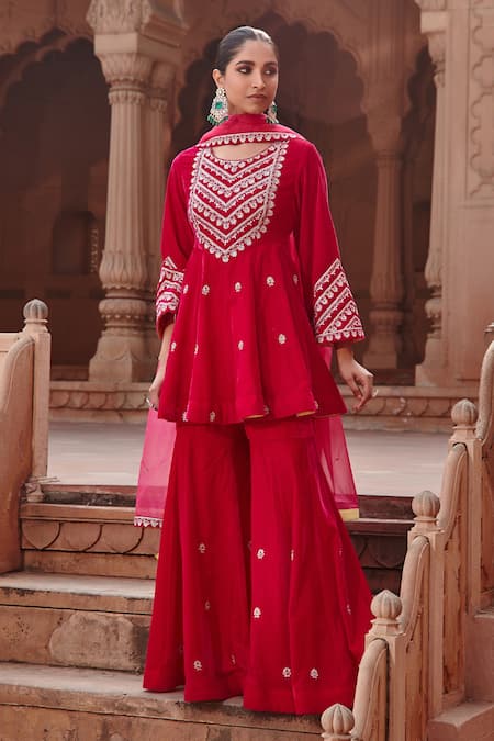 Ajiesh Oberoi_Pink Velvet, Organza Embroidery Round Neck Kalidar Kurta Gharara Set _at_Aza_Fashions