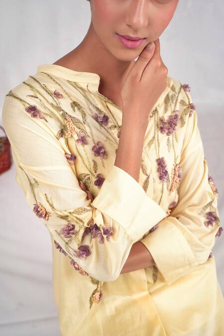 Buy_Seesa_Cream Cotton Applique Mandarin Collar Orchid Embroidered Dress_Online_at_Aza_Fashions
