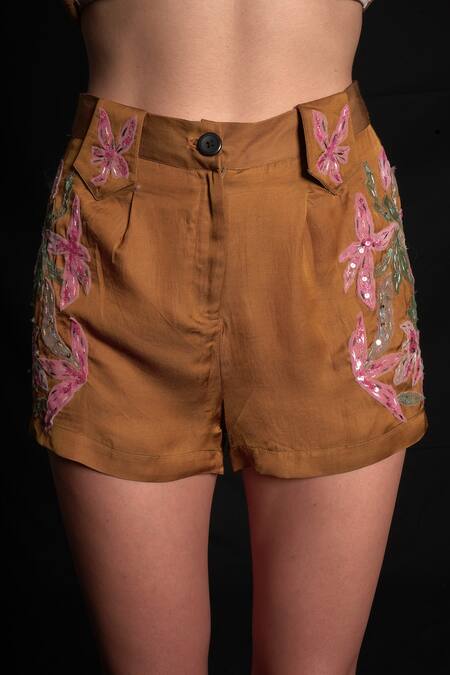 Seesa_Gold Viscose, Satin Embroidery, Beads Floral Applique Shorts _Online_at_Aza_Fashions
