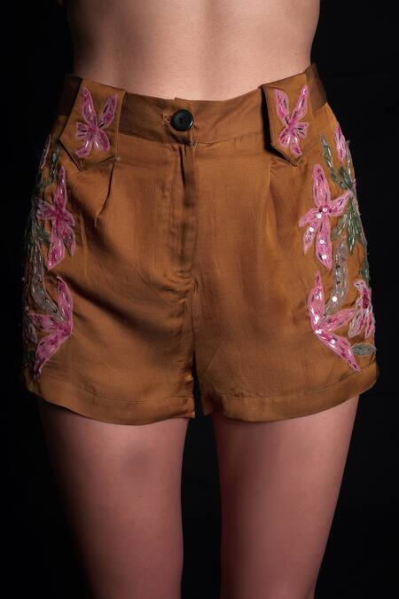 Buy_Seesa_Gold Viscose, Satin Embroidery, Beads Floral Applique Shorts _Online_at_Aza_Fashions