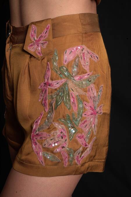 Seesa_Gold Viscose, Satin Embroidery, Beads Floral Applique Shorts _at_Aza_Fashions