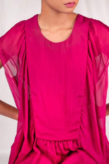 Buy_Seesa_Pink Silk, Chiffon Round Neck Gathered Short Dress_Online_at_Aza_Fashions