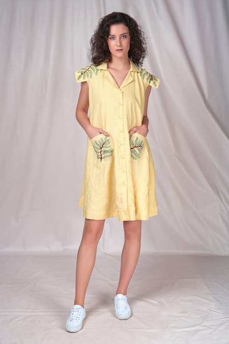 Seesa_Yellow Linen Embroidery Collared Placement Dress _Online_at_Aza_Fashions