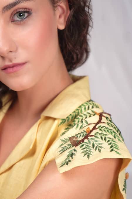 Buy_Seesa_Yellow Linen Embroidery Collared Placement Dress _Online_at_Aza_Fashions