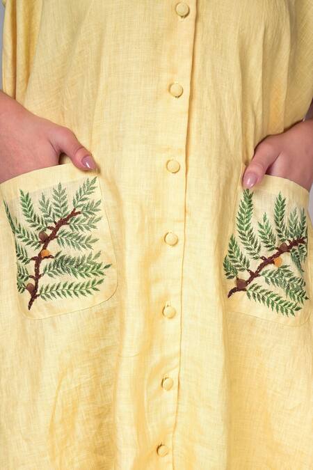 Shop_Seesa_Yellow Linen Embroidery Collared Placement Dress _Online_at_Aza_Fashions