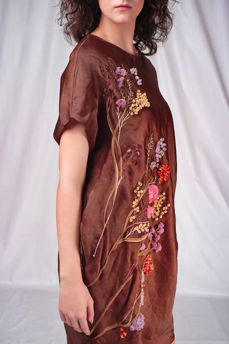 Seesa Brown Satin, Organza, Silk Embroidery Round Neck Flower Applique Dress Online at Aza Fashions Seesa_Brown Satin, Organza, Silk Embroidery Round Neck Flower Applique Dress _Online_at_Aza_Fashions