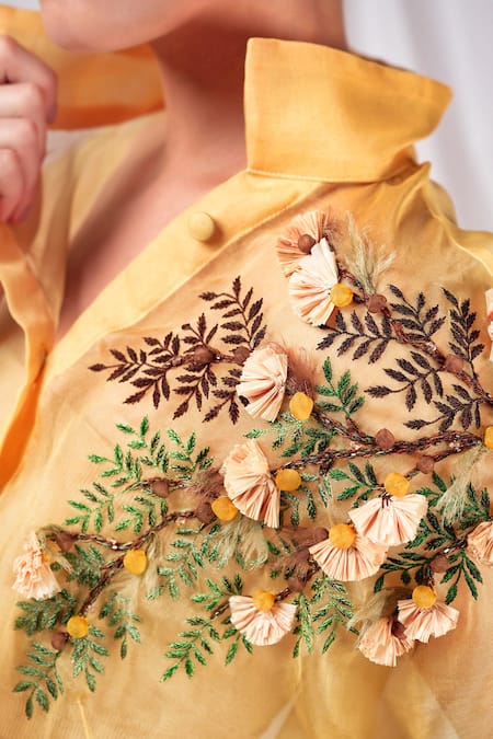 Buy_Seesa_Yellow Organza, Silk Embroidery Sheer Side Applique Shirt _Online_at_Aza_Fashions