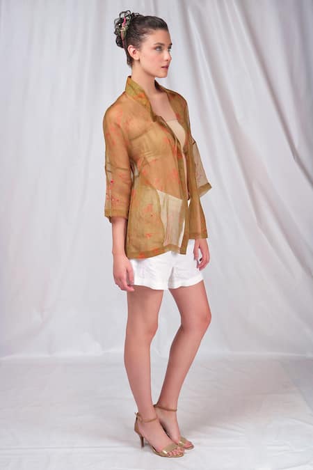 Seesa Green Organza, Silk Sequins Mandarin Collar Sheer Printed Shirt Online at Aza Fashions Seesa_Green Organza, Silk Sequins Mandarin Collar Sheer Printed Shirt _Online_at_Aza_Fashions
