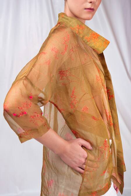 Buy Seesa Green Organza, Silk Sequins Mandarin Collar Sheer Printed Shirt Online at Aza Fashions Buy_Seesa_Green Organza, Silk Sequins Mandarin Collar Sheer Printed Shirt _Online_at_Aza_Fashions