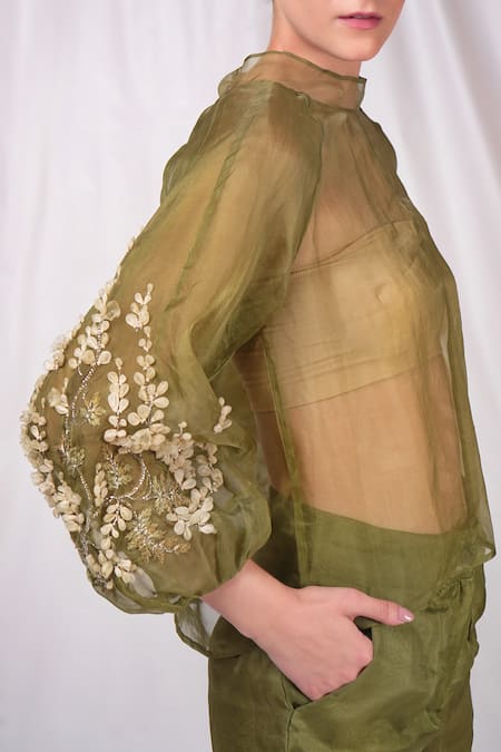 Seesa Green Organza, Silk Applique Bandeau Neck Sheer Sleeve Top Online at Aza Fashions Seesa_Green Organza, Silk Applique Bandeau Neck Sheer Sleeve Top _Online_at_Aza_Fashions