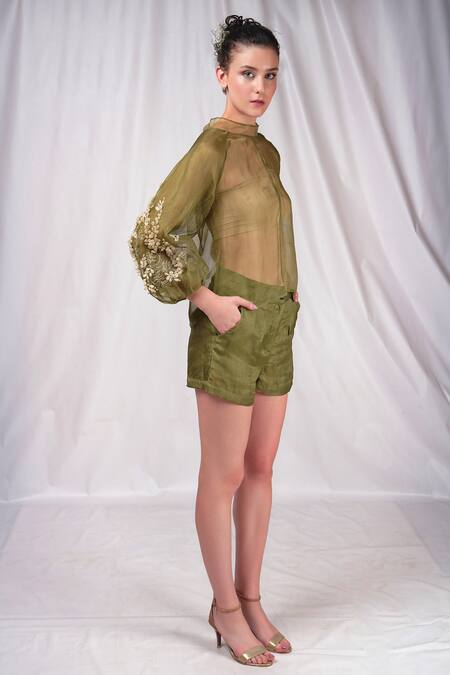 Buy Seesa Green Organza, Silk Applique Bandeau Neck Sheer Sleeve Top Online at Aza Fashions Buy_Seesa_Green Organza, Silk Applique Bandeau Neck Sheer Sleeve Top _Online_at_Aza_Fashions