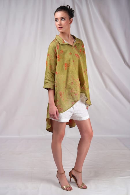 Seesa Green Linen Collared Floral Print Top Online at Aza Fashions Seesa_Green Linen Collared Floral Print Top _Online_at_Aza_Fashions