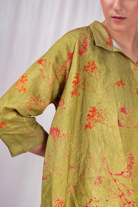 Buy Seesa Green Linen Collared Floral Print Top Online at Aza Fashions Buy_Seesa_Green Linen Collared Floral Print Top _Online_at_Aza_Fashions