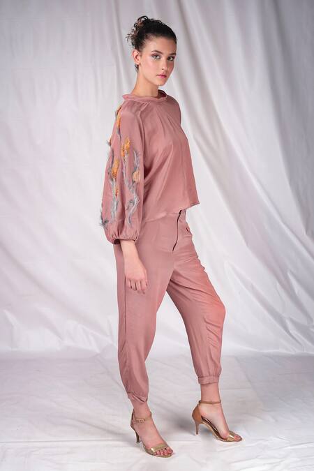 Buy_Seesa_Pink Crepe Silk Embroidered Applique Band Collar Raglan Sleeve Top _Online_at_Aza_Fashions
