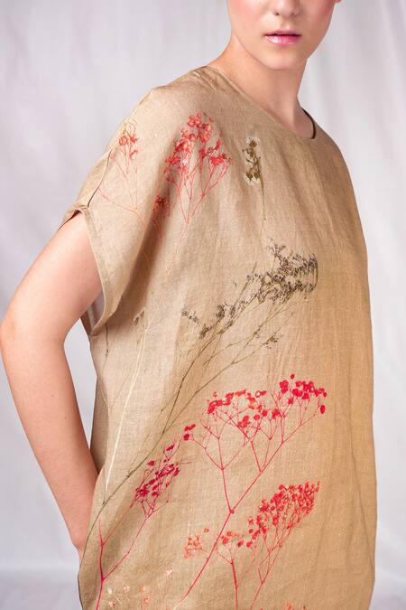 Seesa_Beige Linen Embroidery Round Neck Floral Pattern Dress_Online_at_Aza_Fashions