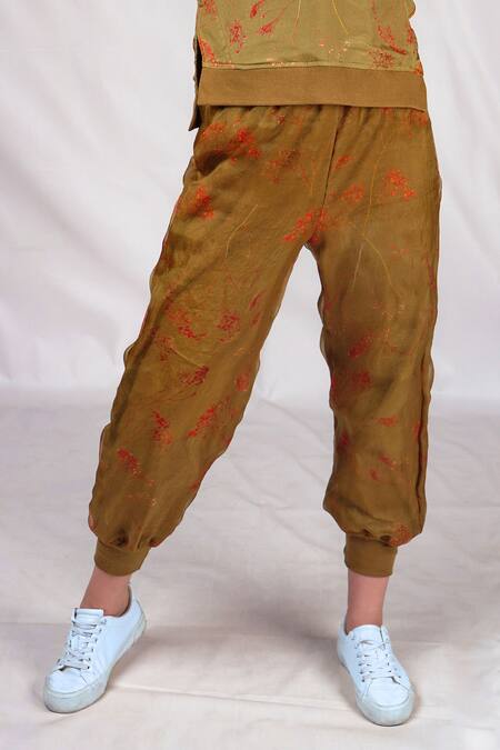 Seesa_Green Chiffon, Silk Embroidery Floral Print Sweatpant _Online_at_Aza_Fashions