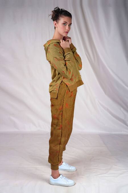 Buy_Seesa_Green Chiffon, Silk Embroidery Floral Print Sweatpant _Online_at_Aza_Fashions