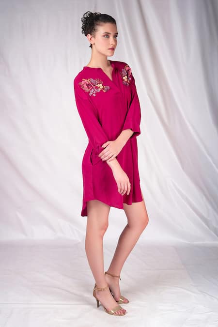 Seesa_Pink Crepe, Silk Embroidery Mandarin Collar Yoke Dress _Online_at_Aza_Fashions
