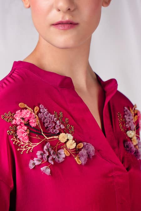 Buy_Seesa_Pink Crepe, Silk Embroidery Mandarin Collar Yoke Dress _Online_at_Aza_Fashions