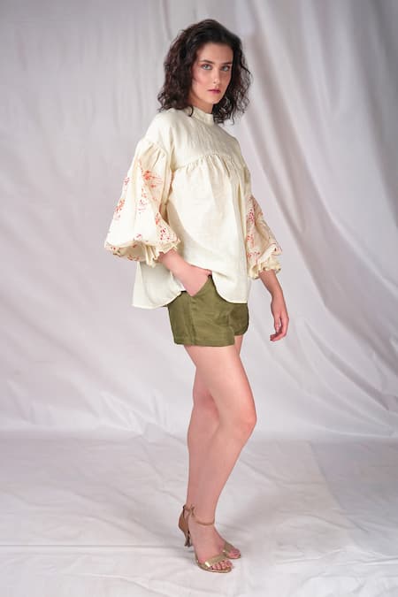 Seesa_Cream Linen Embroidery Bandeau Neck Collar Top_Online_at_Aza_Fashions