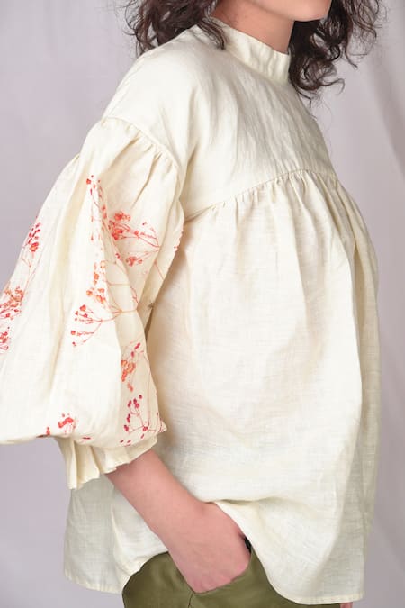 Buy_Seesa_Cream Linen Embroidery Bandeau Neck Collar Top_Online_at_Aza_Fashions