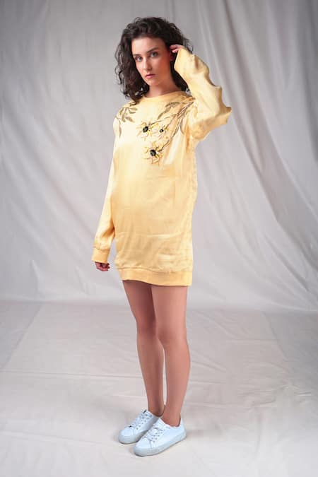 Seesa_Cream Organza, Silk Embroidery Round Neck Sunflower Sweatshirt Dress _Online_at_Aza_Fashions