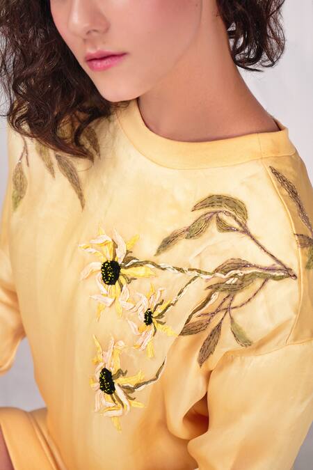 Buy_Seesa_Cream Organza, Silk Embroidery Round Neck Sunflower Sweatshirt Dress _Online_at_Aza_Fashions