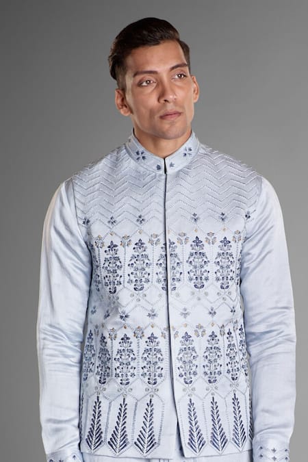 More Mischief Blue Silk, Linen Embroidery Floral Bundi And Kurta Set Online at Aza Fashions More Mischief_Blue Silk, Linen Embroidery Floral Bundi And Kurta Set_Online_at_Aza_Fashions