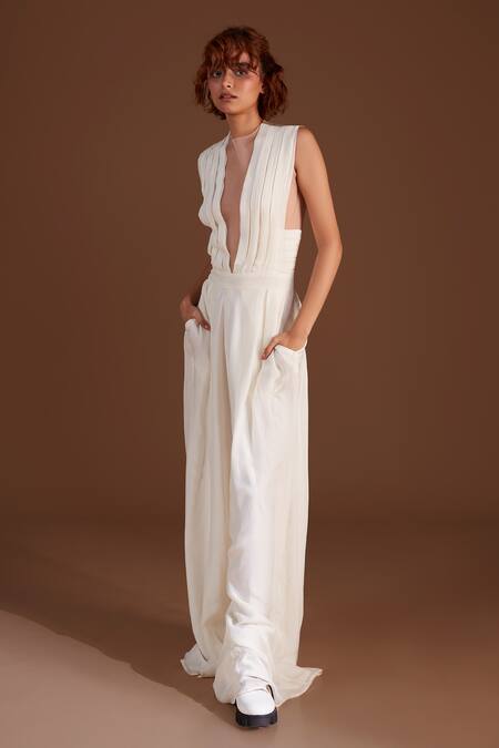 Buy_Archana Rao_White Chiffon Round Neck Pleated Sheer Jumpsuit _Online_at_Aza_Fashions
