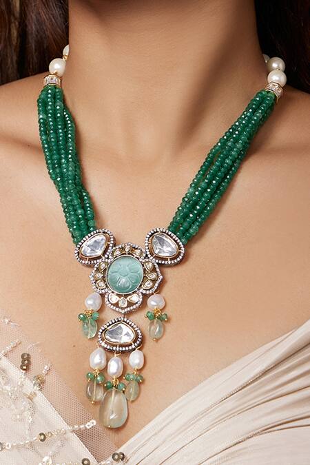 Joules By Radhika_Green Polki, Kundan, Bead, Onyx Layered Long Pendant Necklace_Online_at_Aza_Fashions