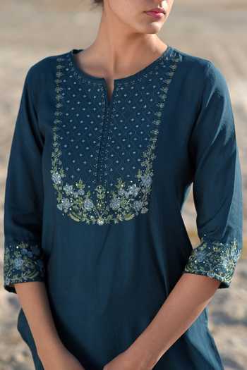 Tatwa_Blue Embroidery, Sequins, Zari Notched Neck Hand Katan Silk Kurta And Pant Set _Online_at_Aza_Fashions