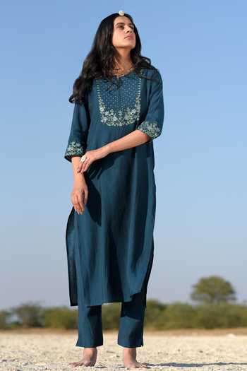 Shop_Tatwa_Blue Embroidery, Sequins, Zari Notched Neck Hand Katan Silk Kurta And Pant Set _Online_at_Aza_Fashions