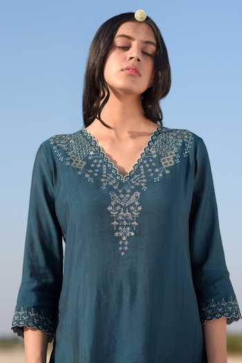 Tatwa_Blue Silk Sequins, Metallic Thread, Embroidery Resham Zari Kantha Kurta And Pant _at_Aza_Fashions