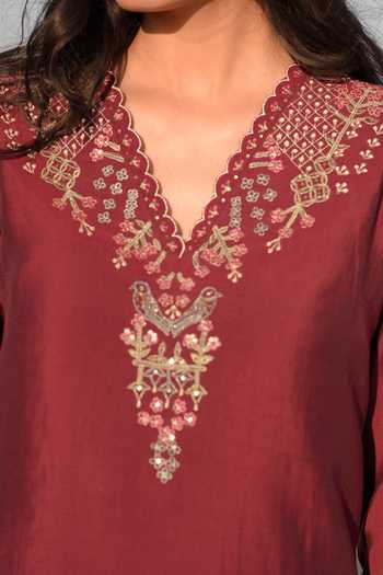 Shop_Tatwa_Maroon Sequins, Metallic Thread, Embroidery Resham Zari Kantha Kurta And Pant _Online_at_Aza_Fashions
