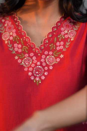 Tatwa_Pink Sequins, Embroidery, Zari V-neck Hand V Kurta And Pant Set _at_Aza_Fashions