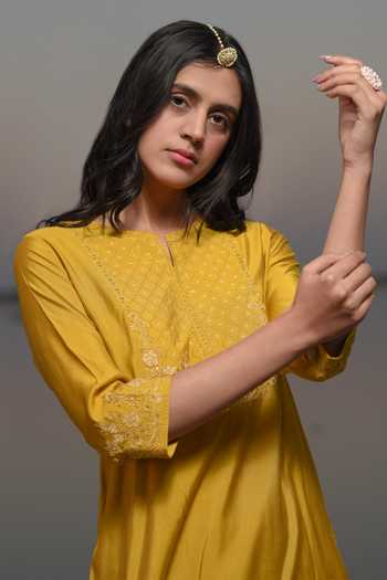 Shop_Tatwa_Yellow Silk Embroidery, Sequins, Zari Notched Neck Hand Katan Kurta And Pant Set _Online_at_Aza_Fashions