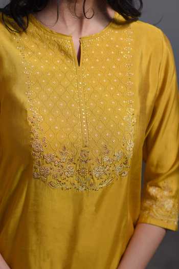 Tatwa_Yellow Silk Embroidery, Sequins, Zari Notched Neck Hand Katan Kurta And Pant Set _at_Aza_Fashions