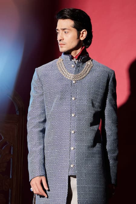 Bubber Couture Blue Cotton, Silk Embroidery Arturo Iron Gate Sherwani Jacket Online at Aza Fashions Bubber Couture_Blue Cotton, Silk Embroidery Arturo Iron Gate Sherwani Jacket _Online_at_Aza_Fashions