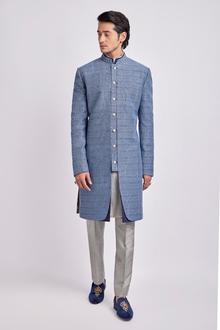 Shop Bubber Couture Blue Cotton, Silk Embroidery Arturo Iron Gate Sherwani Jacket Online at Aza Fashions Shop_Bubber Couture_Blue Cotton, Silk Embroidery Arturo Iron Gate Sherwani Jacket _Online_at_Aza_Fashions