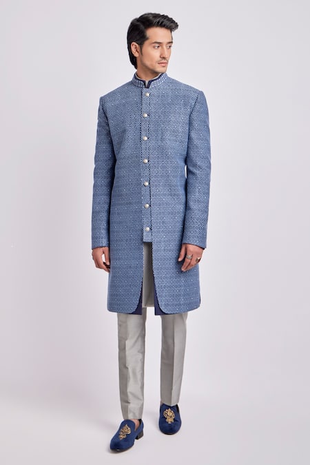 Bubber Couture Blue Cotton, Silk Embroidery Arturo Iron Gate Sherwani Jacket at Aza Fashions Bubber Couture_Blue Cotton, Silk Embroidery Arturo Iron Gate Sherwani Jacket _at_Aza_Fashions