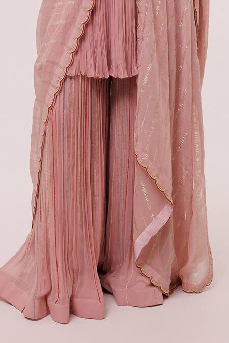 Onaya_Pink Georgette Embroidery, Beads V-neck Embellished Peplum Kurta Gharara Set_at_Aza_Fashions