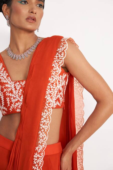 Asaga Orange Silk, Georgette, Linen Embroidery Zoe Leaf Blouse Pre-draped Saree Set Online at Aza Fashions Asaga_Orange Silk, Georgette, Linen Embroidery Zoe Leaf Blouse Pre-draped Saree Set _Online_at_Aza_Fashions