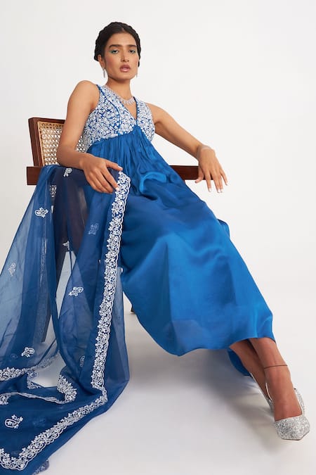 Shop Asaga Blue Silk, Cotton, Satin, Organza, Linen Embroidery Isabella Yoke Anarkali Set Online at Aza Fashions Shop_Asaga_Blue Silk, Cotton, Satin, Organza, Linen Embroidery Isabella Yoke Anarkali Set _Online_at_Aza_Fashions