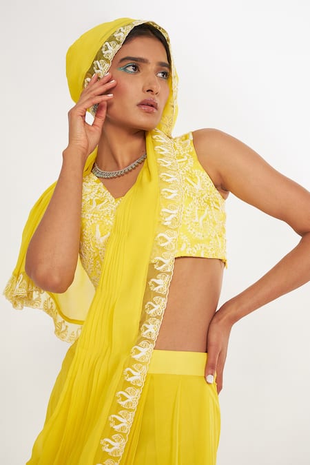 Asaga Yellow Silk, Georgette, Linen Embroidery V-neck Olivia Pre-draped Saree Set Online at Aza Fashions Asaga_Yellow Silk, Georgette, Linen Embroidery V-neck Olivia Pre-draped Saree Set _Online_at_Aza_Fashions