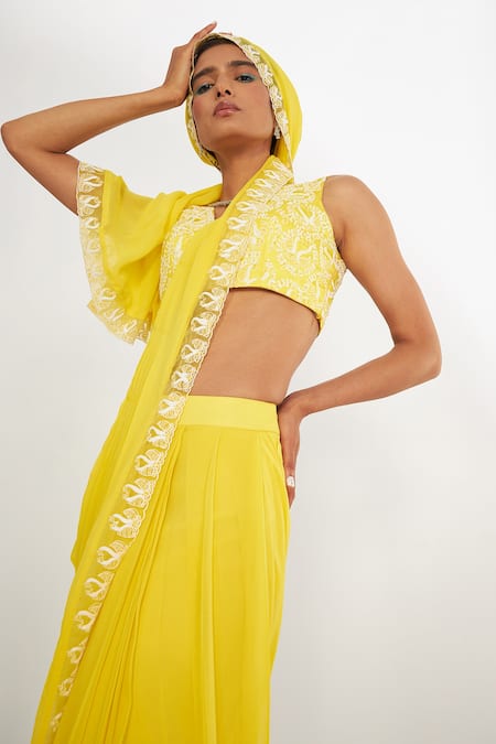 Buy Asaga Yellow Silk, Georgette, Linen Embroidery V-neck Olivia Pre-draped Saree Set Online at Aza Fashions Buy_Asaga_Yellow Silk, Georgette, Linen Embroidery V-neck Olivia Pre-draped Saree Set _Online_at_Aza_Fashions