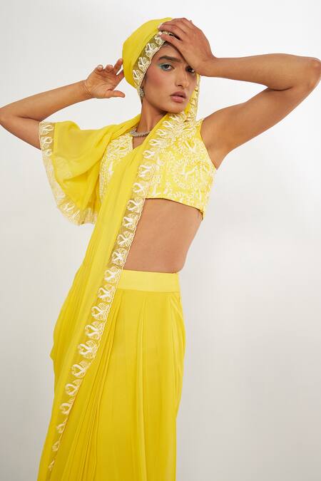 Shop Asaga Yellow Silk, Georgette, Linen Embroidery V-neck Olivia Pre-draped Saree Set Online at Aza Fashions Shop_Asaga_Yellow Silk, Georgette, Linen Embroidery V-neck Olivia Pre-draped Saree Set _Online_at_Aza_Fashions