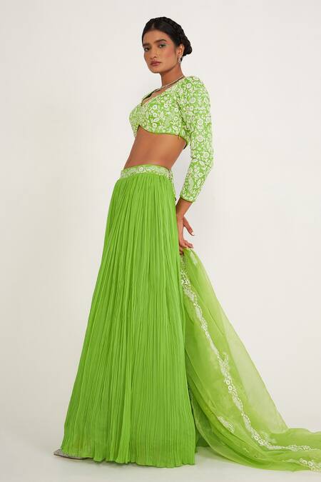 Asaga Green Crepe, Chiffon Embroidery, Tassels Sweetheart Daisy Waistband Lehenga Set Online at Aza Fashions Asaga_Green Crepe, Chiffon Embroidery, Tassels Sweetheart Daisy Waistband Lehenga Set _Online_at_Aza_Fashions
