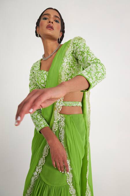 Asaga Green Silk, Georgette Embroidery Sweetheart Flora Pre-draped Tiered Saree Set Online at Aza Fashions Asaga_Green Silk, Georgette Embroidery Sweetheart Flora Pre-draped Tiered Saree Set _Online_at_Aza_Fashions
